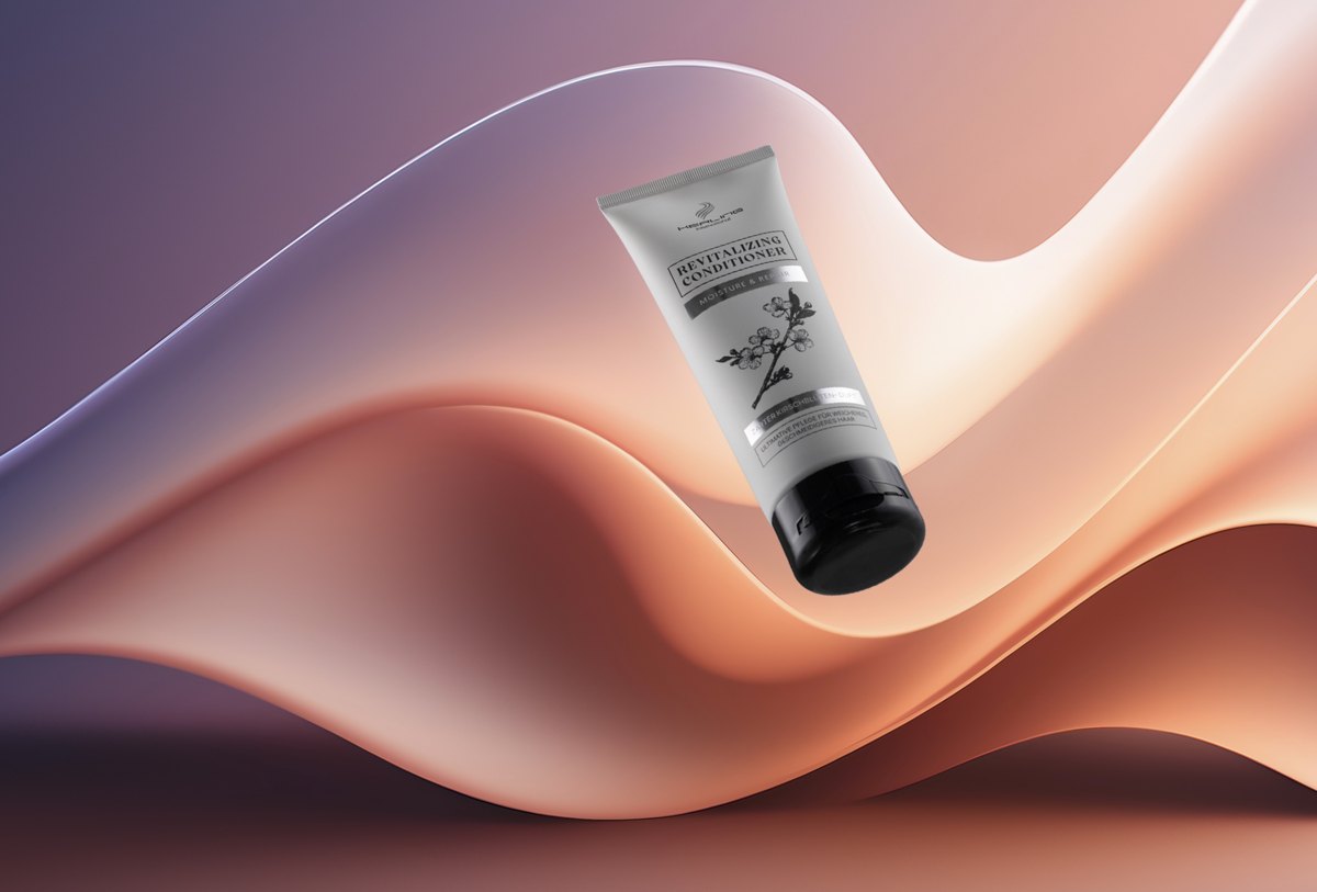 Helle Revitalizing Conditioner Tube schwebt über einer geschwungenen Welle in Rosa- und Fliedertönen