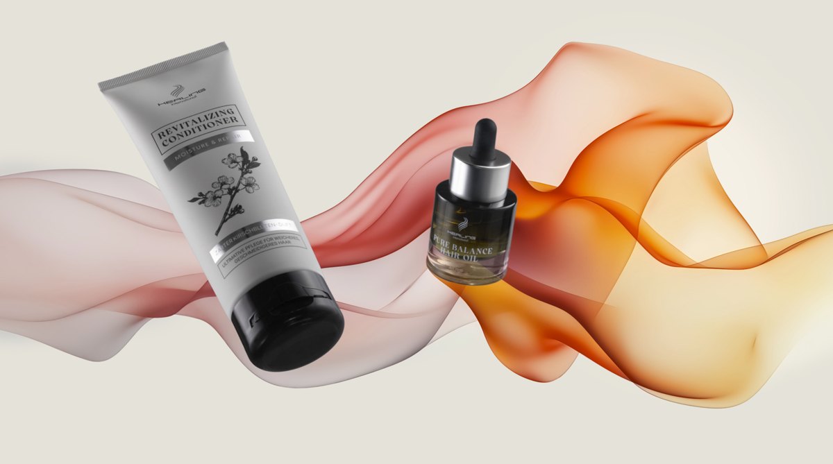 Helle Conditioner Tube und dunkle Hair Oil Flasche schweben in fliessenden rosa-orangen Schleiern
