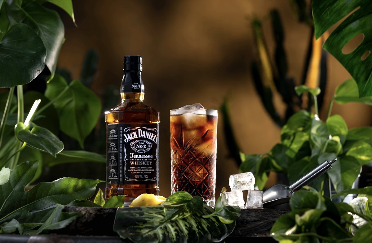 Whiskeyflasche neben einem Longdrink mit Eis im Kristallglas zwischen grünen Pflanzen