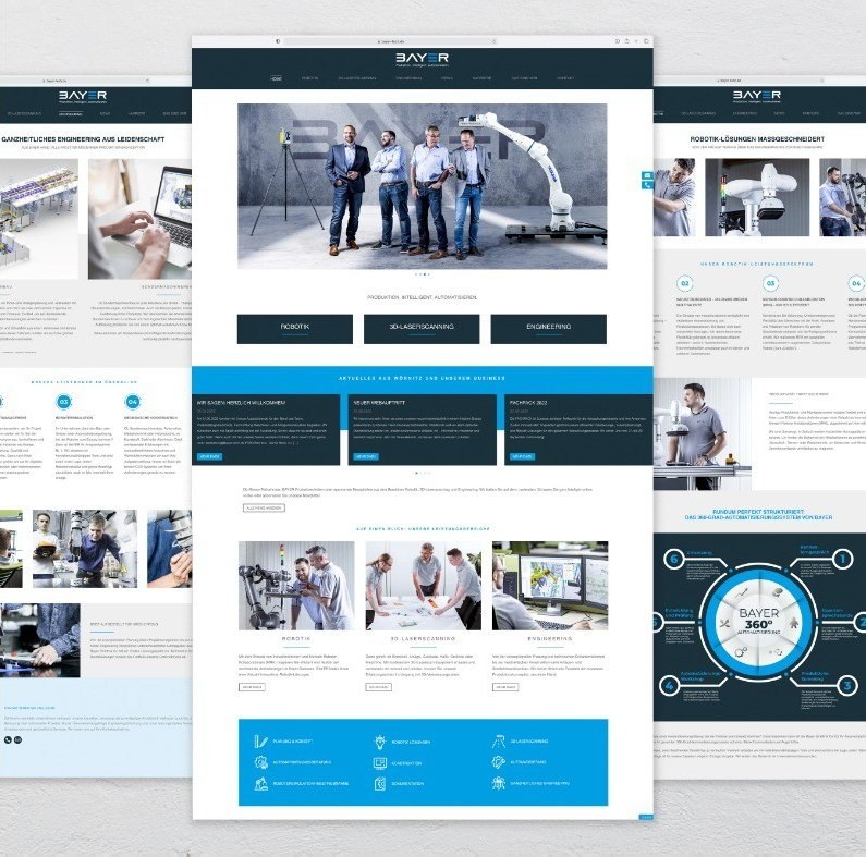 Gestapelte Bildschirmansichten einer Unternehmenswebsite im blauen Corporate Design