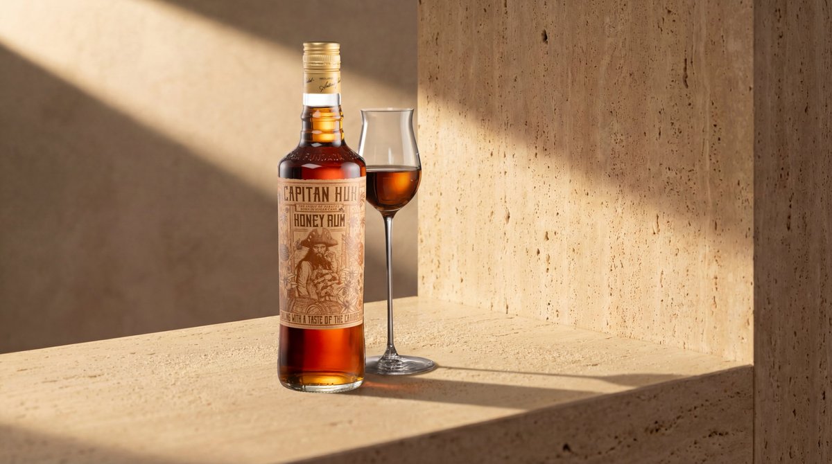Honey-Rum-Flasche mit Piratenetikett und gefülltem Nosingglas auf Travertin im harten Lichtstreifen
