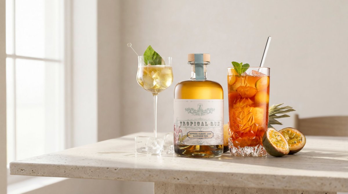 Rumflasche mit Vintage-Etikett zwischen einem Weinglas-Spritz und einem Longdrink mit Maracuja auf hellem Travertintisch