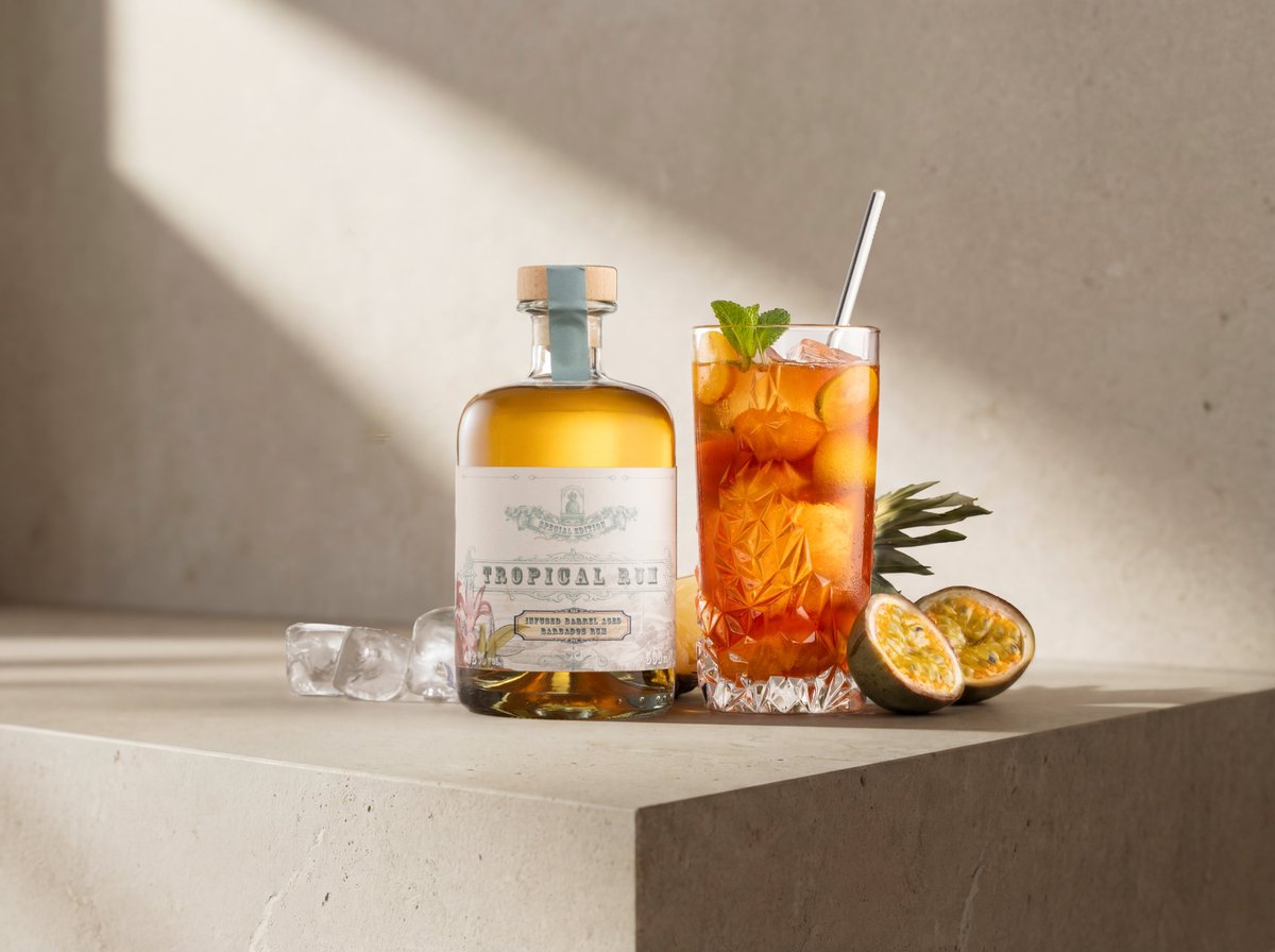 Rumflasche und Longdrink mit Maracuja auf einem Travertinblock im schrägen Lichtstreifen