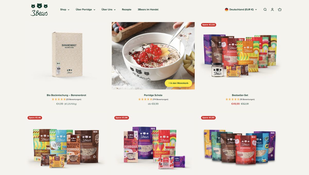 Screenshot eines 3Bears Onlineshops mit Produktkacheln und Packshots