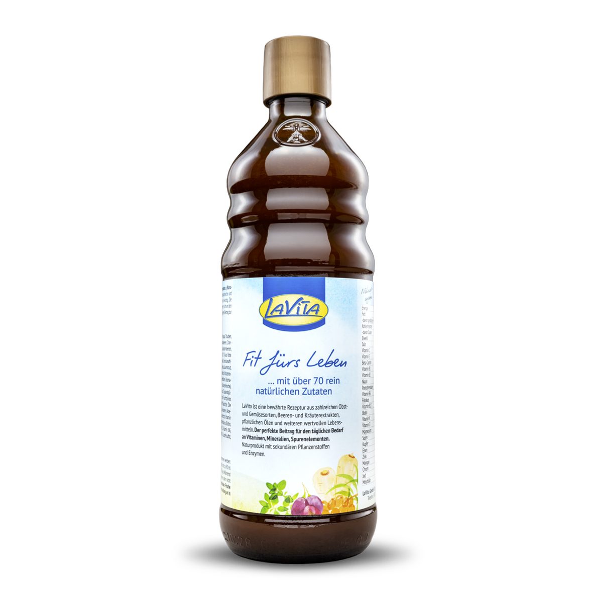 Freigestellter Packshot der LaVita Flasche mit goldenem Deckel auf weißem Hintergrund