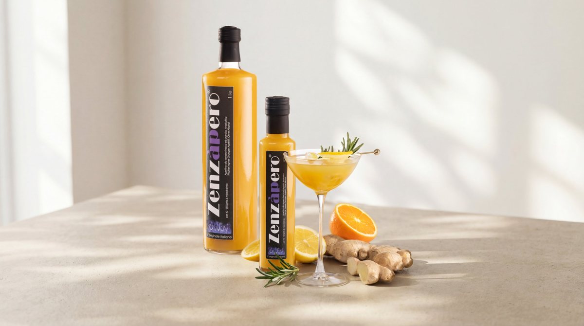 Zenzàpero Aperitivo in zwei Flaschengrößen mit Cocktail, Orange, Zitrone und Ingwer