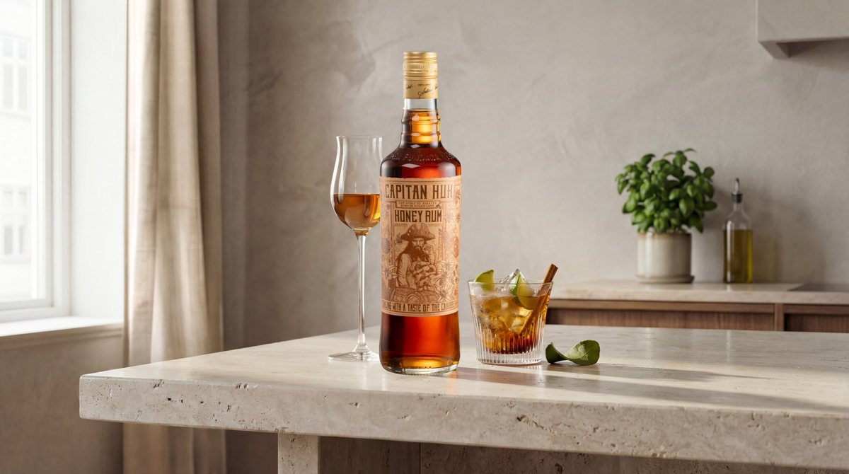 Capitan Hux Honey Rum mit Glas und Tumbler auf einem Küchentresen aus Stein